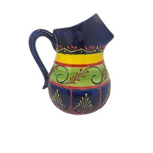 El Poyetón Spain Hand Painted Ceramic Pitcher Blue Yellow Floral 6"